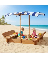 Clihome 46" Wooden Sand Box With 2 Foldable Bench Seats, Kids Sandbox With Adjustable Cover