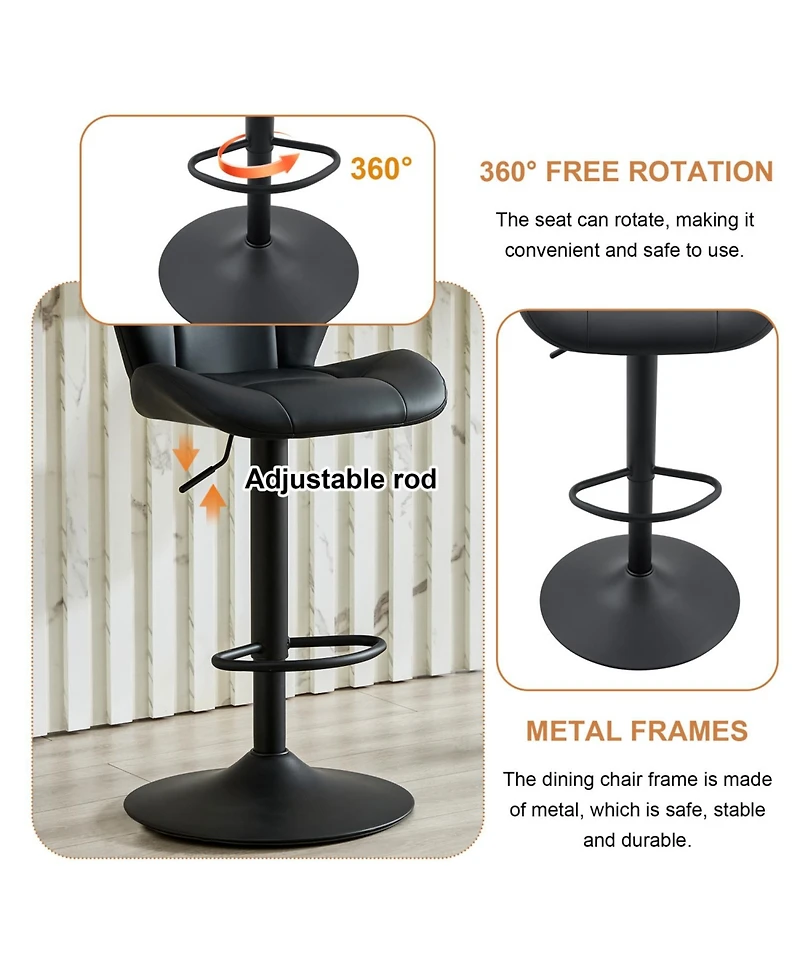 Rainsken Modern Bar Stools Set of 2, Faux Pu Leather Upholstered, Adjustable Swivel Barstools, for Kitchen Island,
