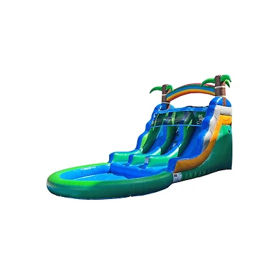 Pop Jump Tropical Island 23' Dual Lane Center Climb Waterslide With Attached Pool