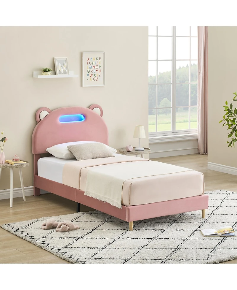 homfan Led Upholstered Platform Bed Frame with Headboard, Wood Slat Support, Remote and App Control, Box Spring Not Required