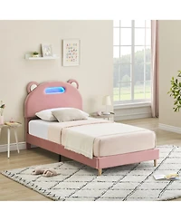 homfan Led Upholstered Platform Bed Frame with Headboard, Wood Slat Support, Remote and App Control, Box Spring Not Required
