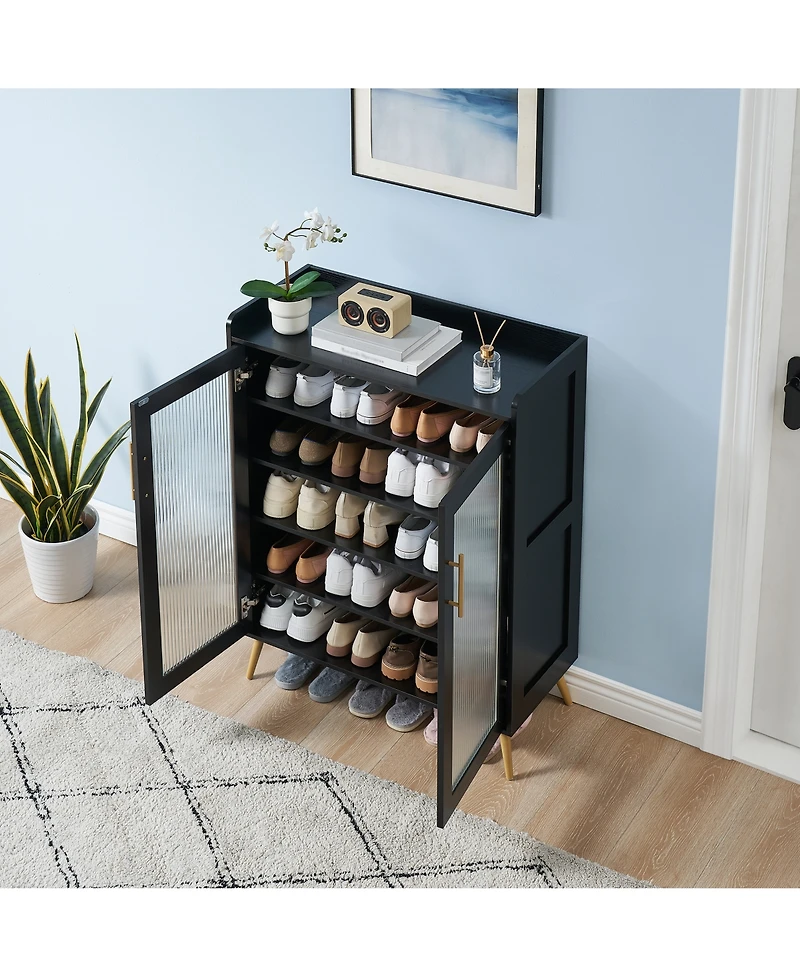 homfan Modern 5-Tier Shoe Cabinet with Glass Double Doors Adjustable Shelves, Sturdy Support Legs, Entryway Storage Organizer for Hallway, Living Room