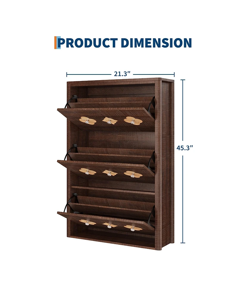 homfan Slim Shoe Cabinet with 3 Flip Drawers, Hollow Floral Design and Diamond Handles, Freestanding Hidden Organizer for Hallway Foyer