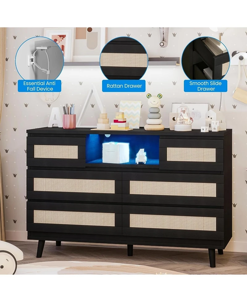 homfan Rattan 6-Drawer Dresser with Led Lights and Charging Station, 47 Wide Storage Cabinet for Bedroom, Living Room, Entryway