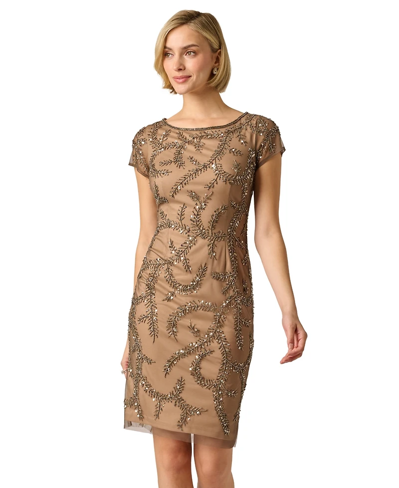 Adrianna Papell Women's Bead Mesh Boat Neck Sheath Dress