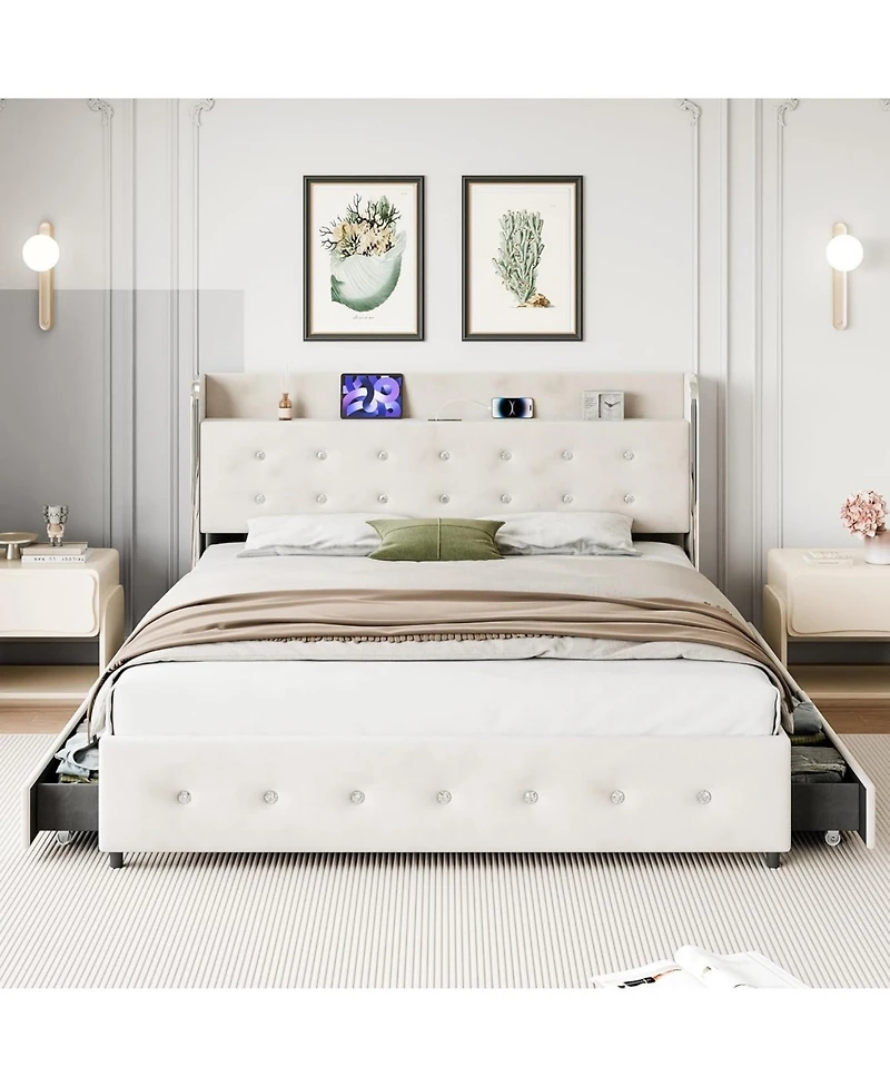 homfan Elegant Upholstered Platform Bed Frame Diamond Tufted Headboard with 4 Storage Drawers Space Saving Trundle