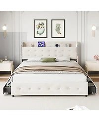 homfan Elegant Upholstered Platform Bed Frame Diamond Tufted Headboard with 4 Storage Drawers Space Saving Trundle
