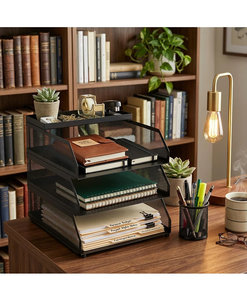 gaomon Stackable Mesh Desk Organizer, 3-Tier Metal Document Tray with Top Shelf
