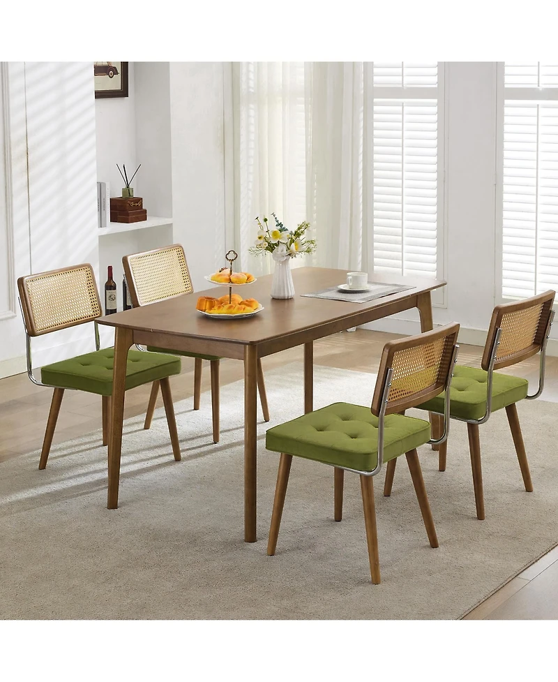 gaomon Natural Rattan Dining Chairs Set, Mid Century Kitchen Chairs with Velvet Upholstered Seat, Modern Boho Dining Chairs