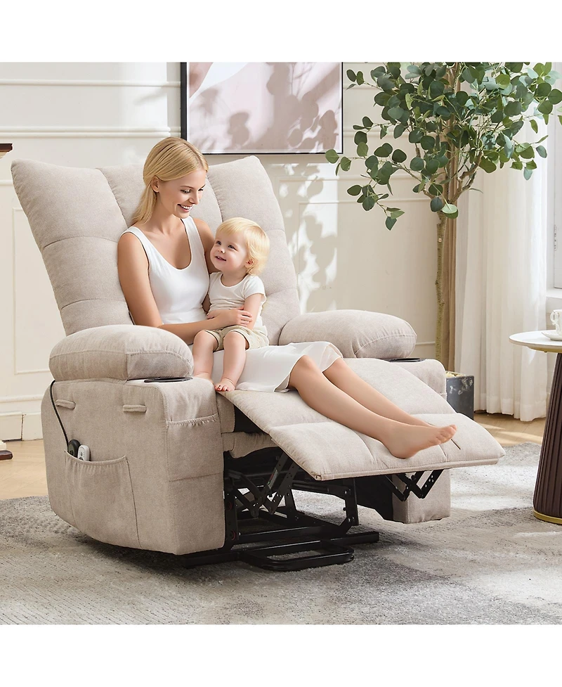 homfan Padded Power Lift Swivel Rocker for Elderly, Electric Stand-Assist Chair with Massage and Heat, Cup Holders Side Pocket Lounge Use