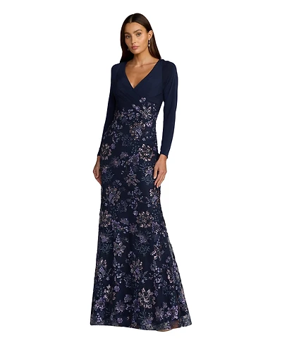 Mac Duggal Petite Navy Floral Embroidered Jersey Long Sleeve Gown