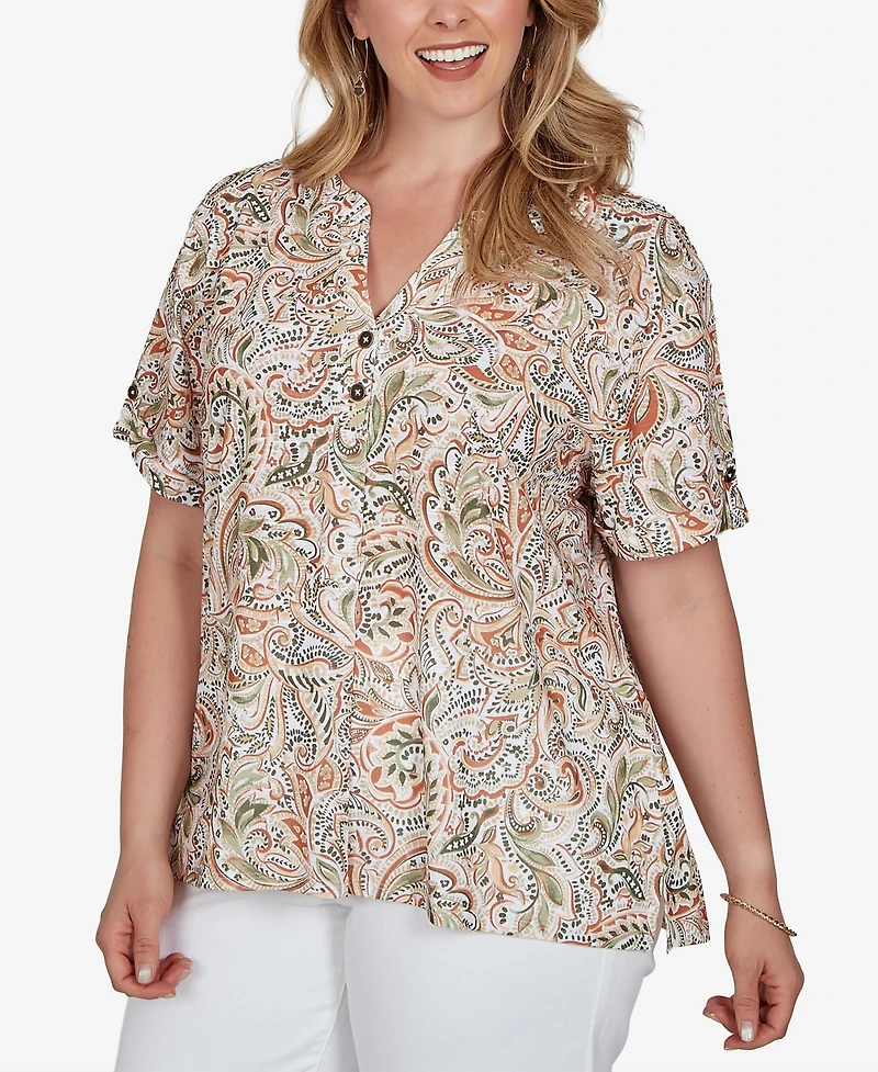 Hearts Of Palm Plus Printed Double-Button Slub Top