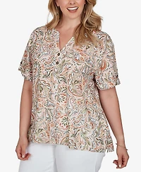Hearts Of Palm Plus Printed Double-Button Slub Top