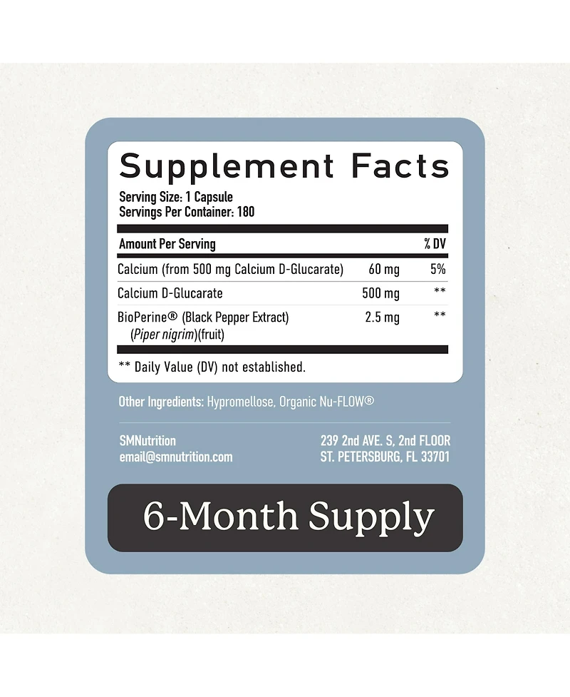 SMNutrition Calcium D-Glucarate 500mg Supplement for Hormone and Liver Support, 180 Capsules