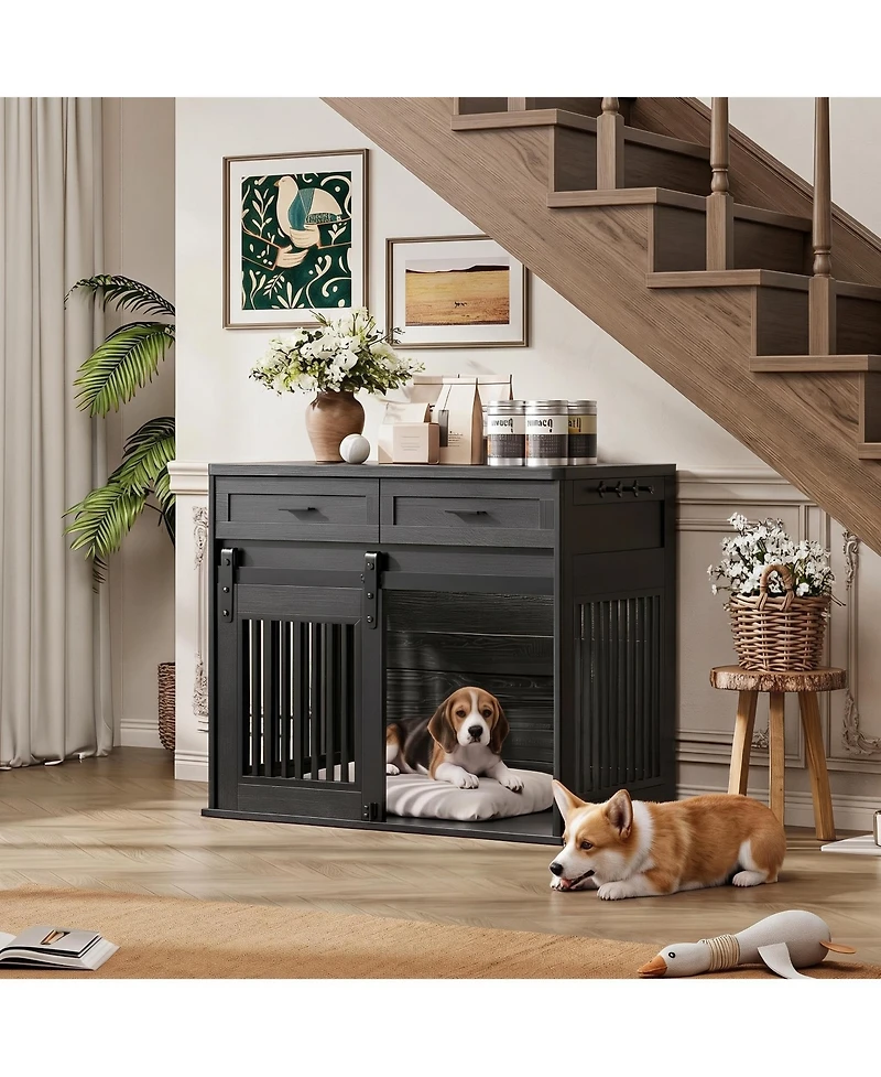 gaomon 44.5'' Dog Crate Furniture with Storage Drawers, Wooden Double Cage Tv Stand 2 Sliding Barn Doors, for Medium/Large Breeds