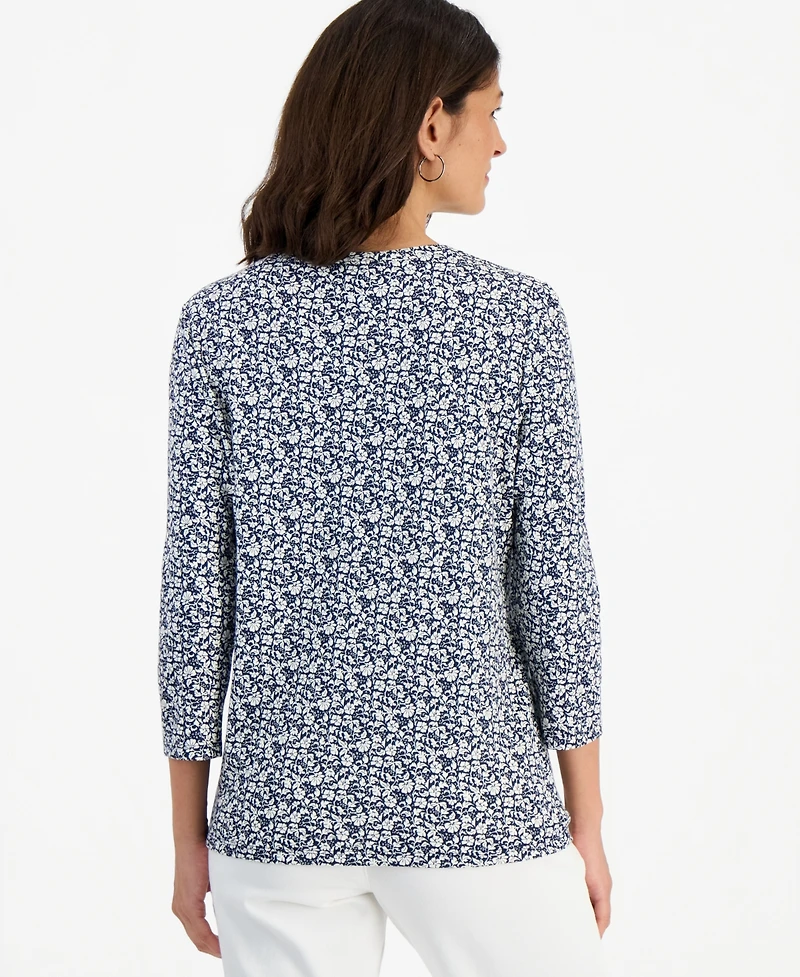 Style & Co Women's Printed 3/4-Sleeve Henley Top, Macy's Exclusive