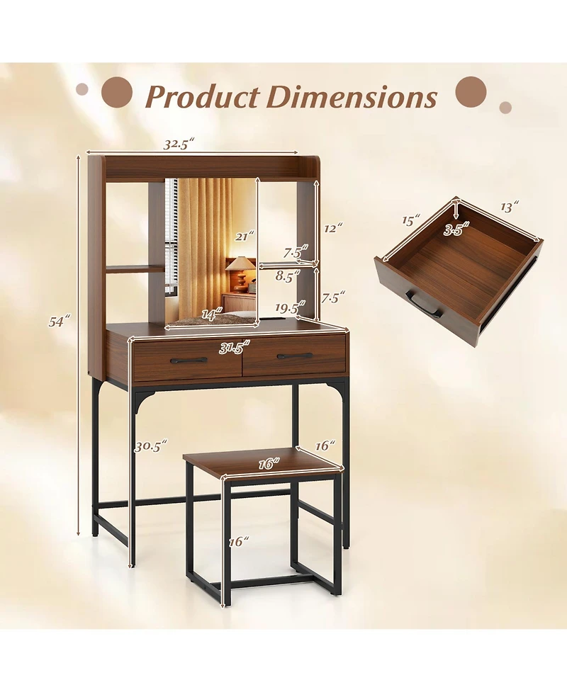Slickblue Makeup Vanity Desk with Drawers, Built-In Charging Station, and Step Stool