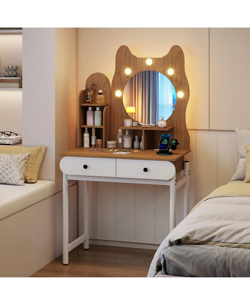 Slickblue Cute Kitty Vanity Desk with Mirror, Lights, and Built-In Power Outlets