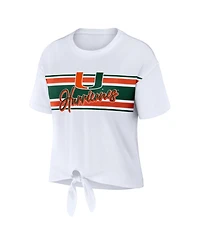 Wear by Erin Andrews Women's White Miami Hurricanes Striped Front Knot Cropped T-Shirt