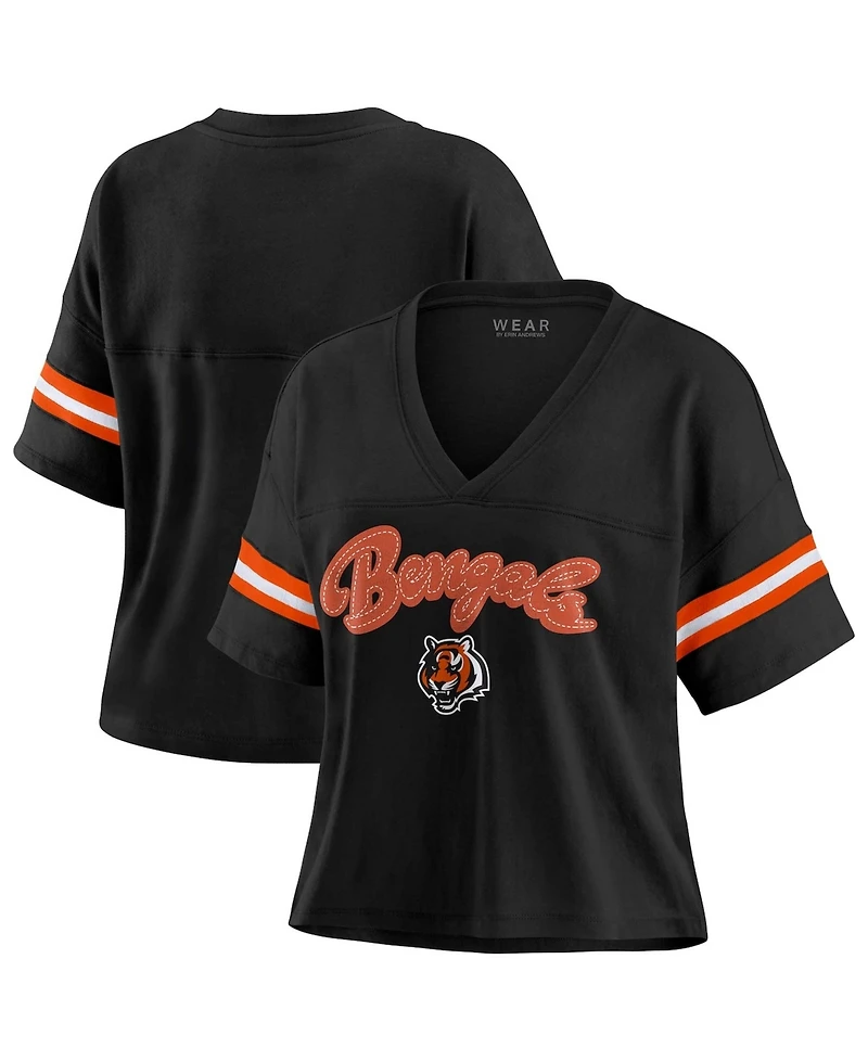 Wear by Erin Andrews Women's Black Cincinnati Bengals Plus Color Block Boxy V-Neck T-Shirt