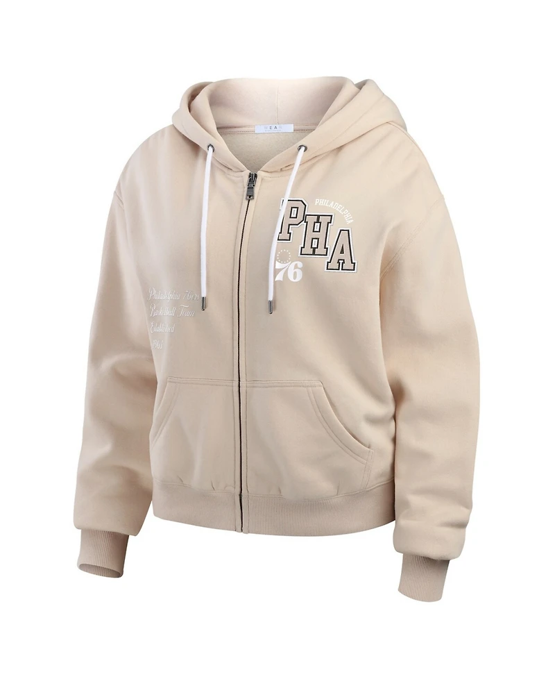 Wear by Erin Andrews Women's Tan Philadelphia 76ers Tonal Felt Patch Full-Zip Hoodie