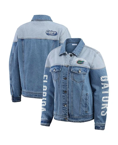 Wear by Erin Andrews Women's Denim Florida Gators Sleeve Hit Color block Button-Down Jacket
