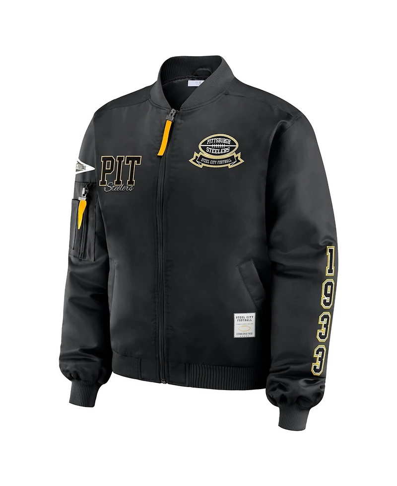 Wear by Erin Andrews Women's Black Pittsburgh Steelers Patch Full-Zip Bomber Jacket