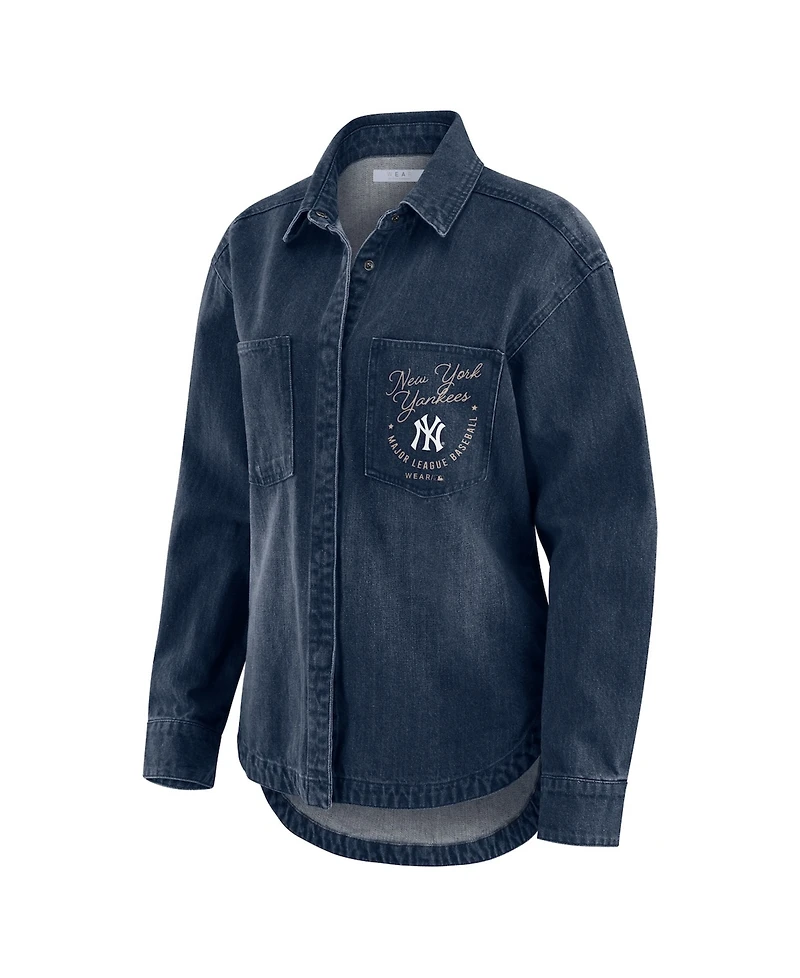 Wear by Erin Andrews Women's Denim New York Yankees Washed Oversized Full-Snap Shacket