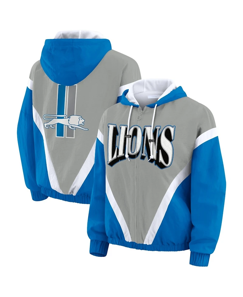 Wear by Erin Andrews Women's Blue/Gray Detroit Lions Plus Retro Crinkle Full-Zip Hoodie Windbreaker Jacket
