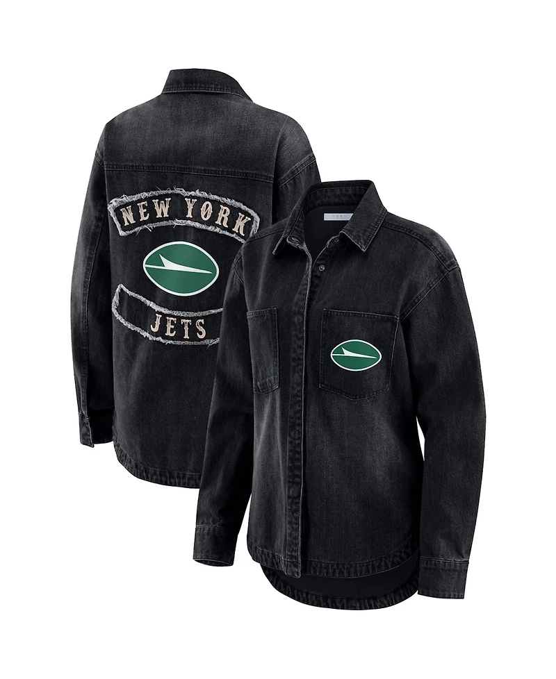 Wear by Erin Andrews Women's Black New York Jets Washed Oversized Denim Full-Snap Shacket