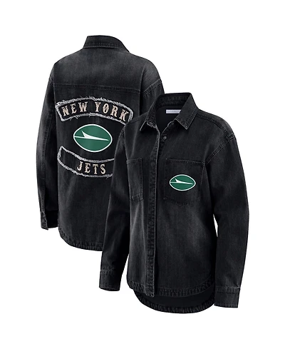 Wear by Erin Andrews Women's Black New York Jets Washed Oversized Denim Full-Snap Shacket