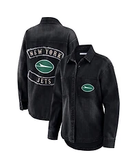 Wear by Erin Andrews Women's Black New York Jets Washed Oversized Denim Full-Snap Shacket