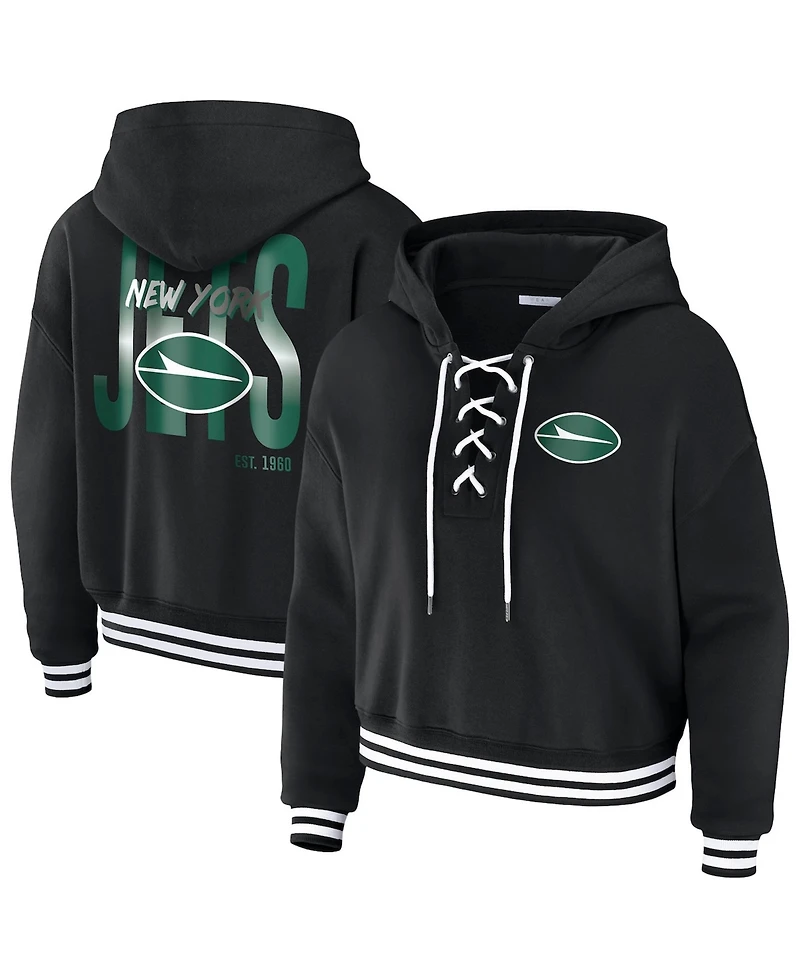 Wear by Erin Andrews Women's Black New York Jets Lace-Up Fleece Hoodie