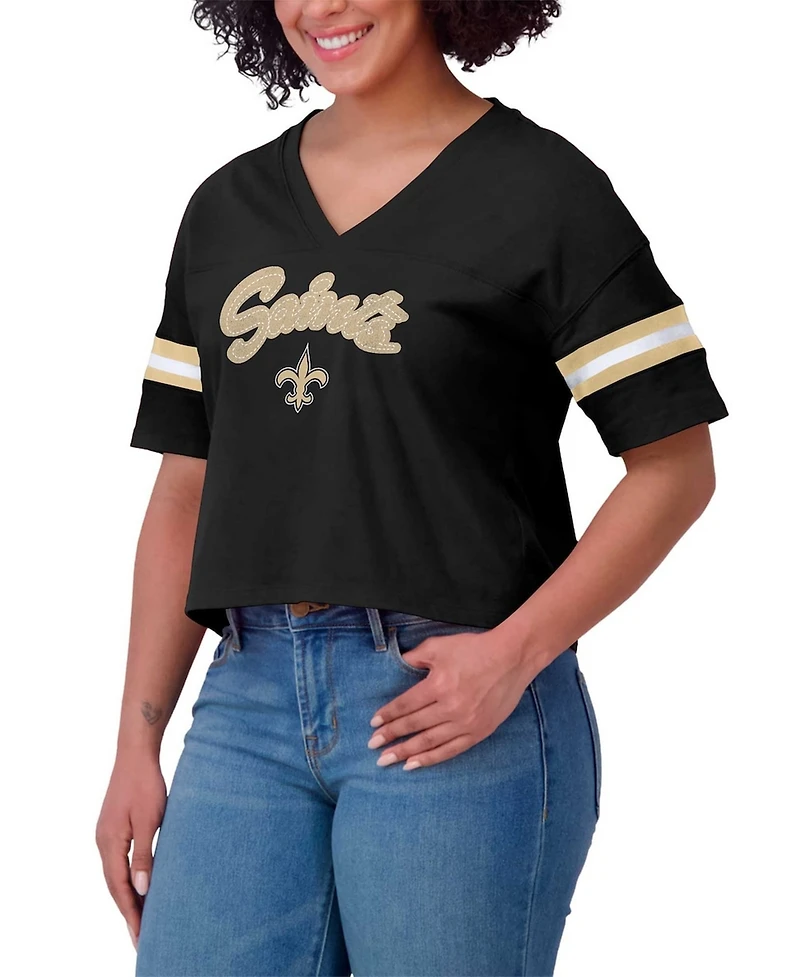 Wear by Erin Andrews Women's Black New Orleans Saints Plus Color Block Boxy V-Neck T-Shirt