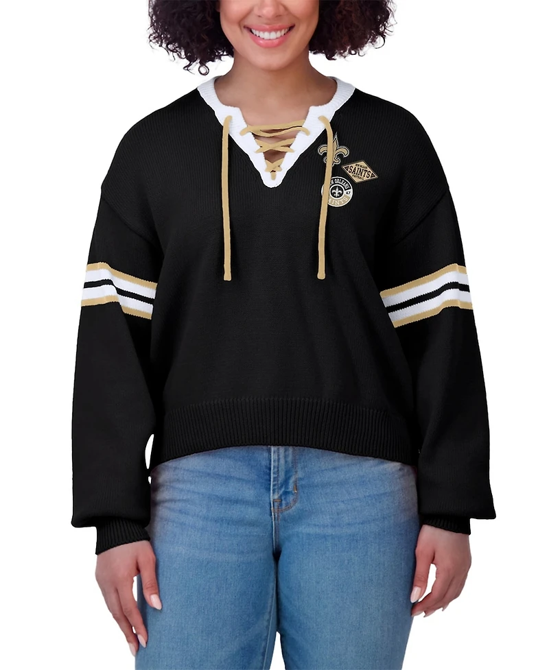 Wear by Erin Andrews Women's Black New Orleans Saints Lace-Up Pullover Sweatshirt