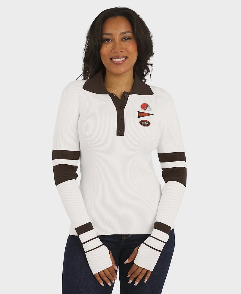 Wear by Erin Andrews Women's White Cleveland Browns Ribbed Henley Polo Sweater