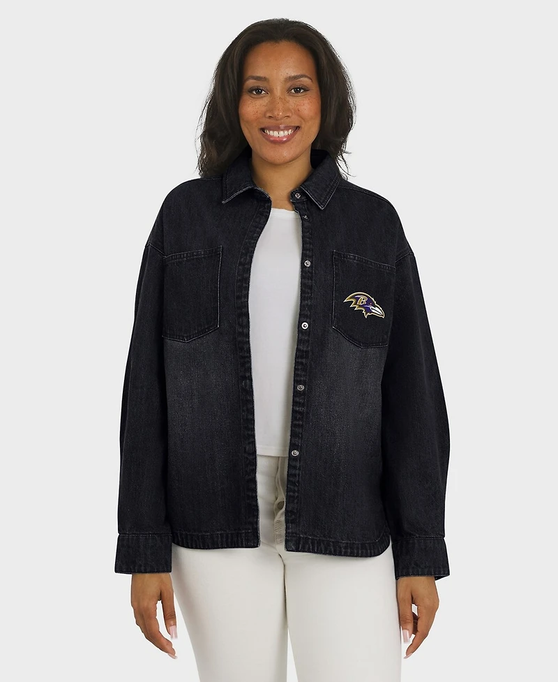 Wear by Erin Andrews Women's Black Baltimore Ravens Washed Oversized Denim Full-Snap Shacket