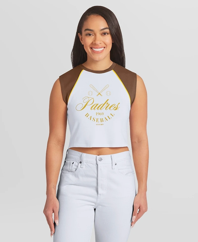 Wear by Erin Andrews Women's White San Diego Padres Cooperstown Cropped Raglan Tank Top