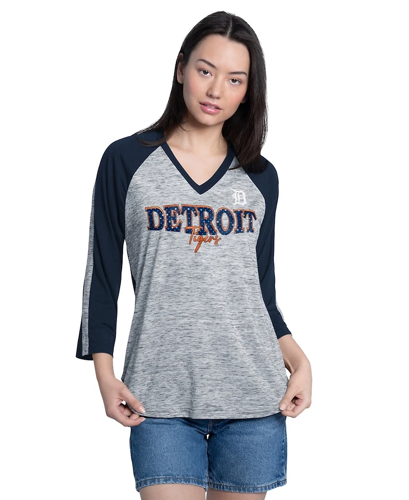 G-iii 4Her by Carl Banks Women's Navy/Heather Navy Detroit Tigers Speed Training 3/4-Sleeve Rhinestone V-Neck T-Shirt