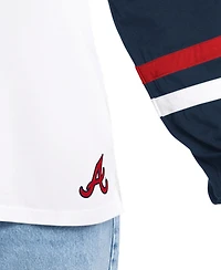 G-iii 4Her by Carl Banks Women's White/Navy Atlanta Braves Key Player Oversized Hooded Long Sleeve T-Shirt