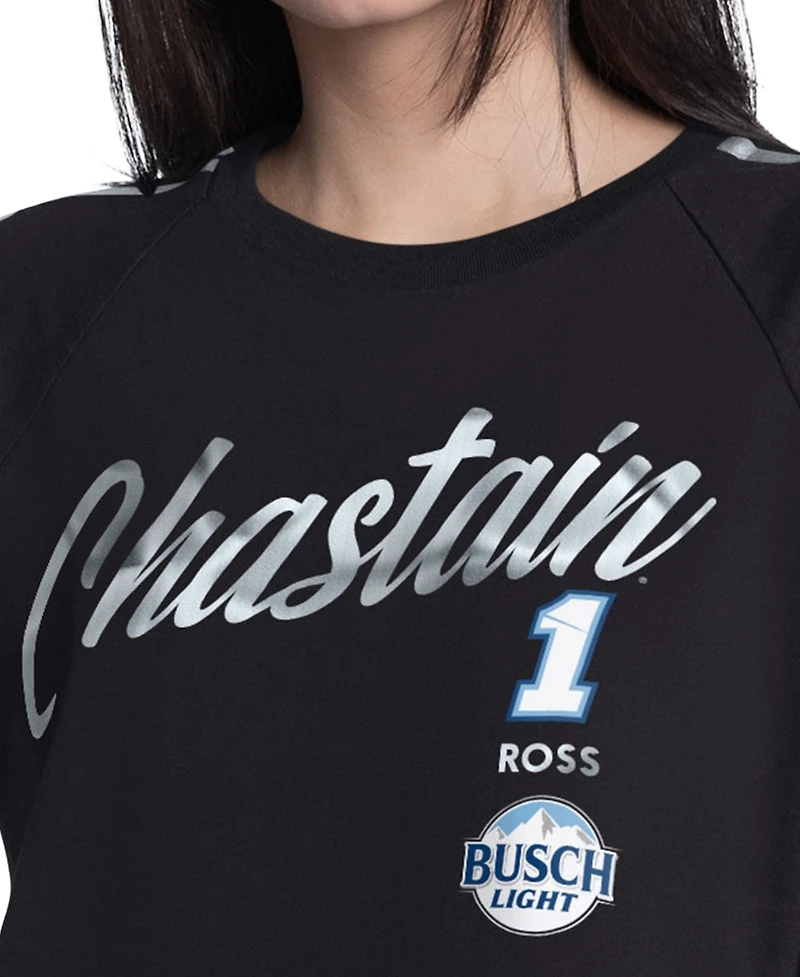G-iii 4Her by Carl Banks Women's Black Ross Chastain Raglan Cropped Classic Play Silver Trim T-Shirt