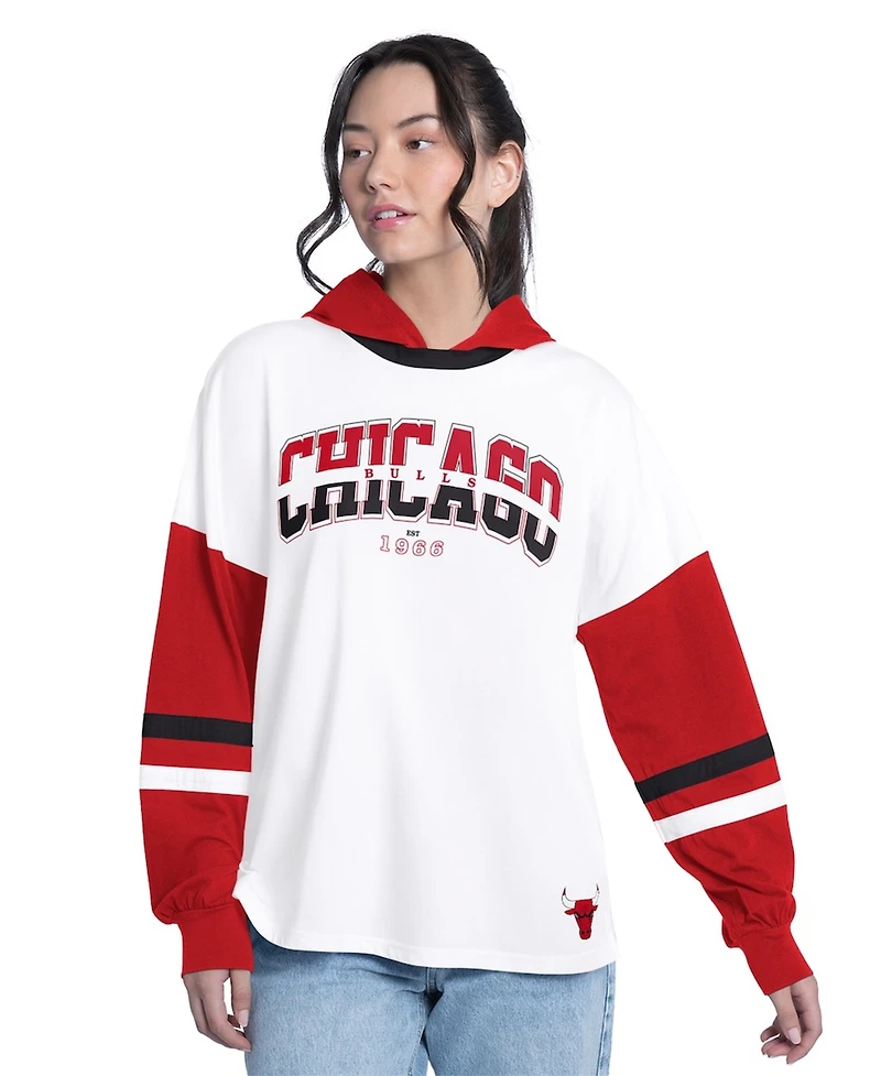 G-iii 4Her by Carl Banks Women's White/Red Chicago Bulls Key Player Oversized Hooded Long Sleeve T-Shirt