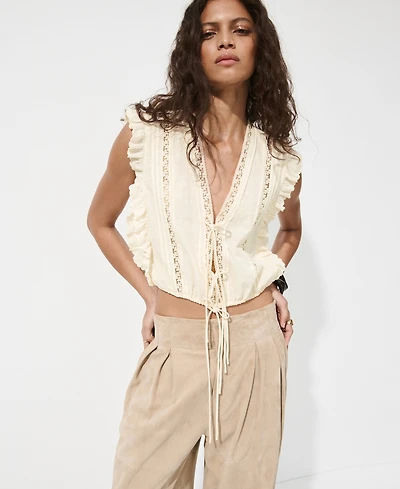 Mango Women's Cotton Ruffled Lace Blouse