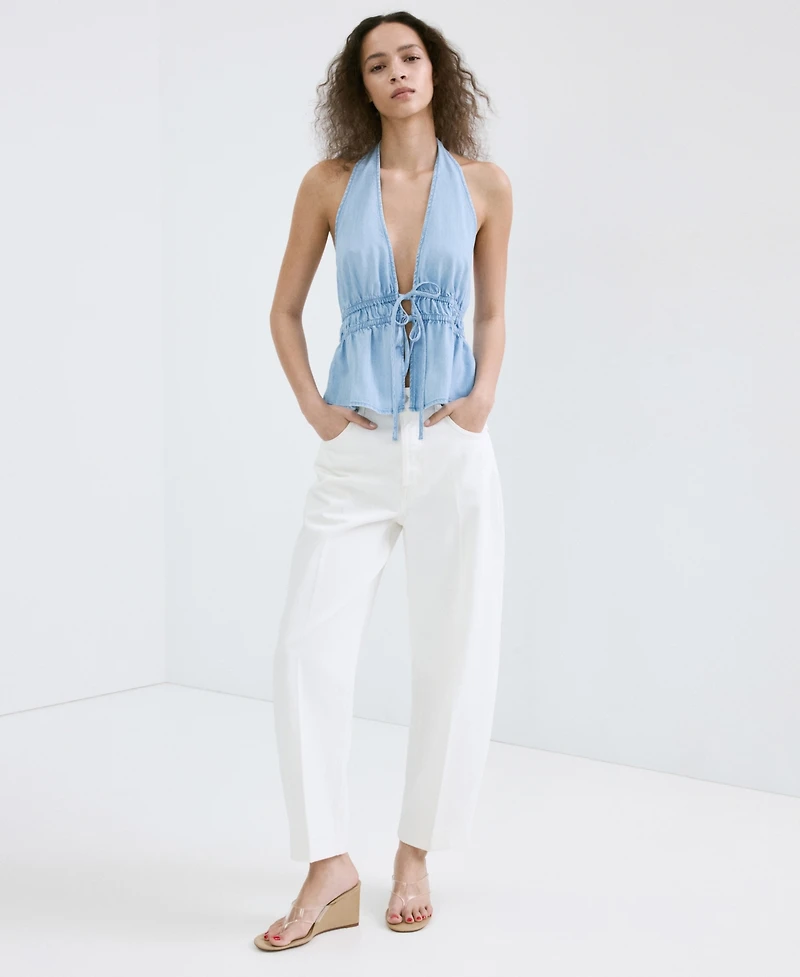 Mango Women's V-Neck Bow Denim Top