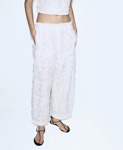 Mango Women's Floral Embroidered Cotton Pants