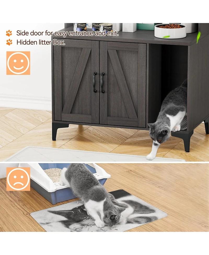 homfan 3-Door Cat Litter Box Enclosure Furniture, Hidden Litter Box Cabinet with Litter Mat, Engineered Wood Cat Washroom, Indoor Pet House End Table