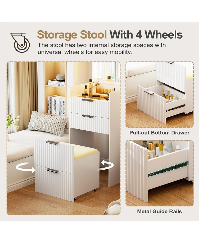 Vlsrka 3-in-1 Flip Top Mirror Vanity Desk, Glass Desktop Dressing Table with 3 Drawers and Padded Stool