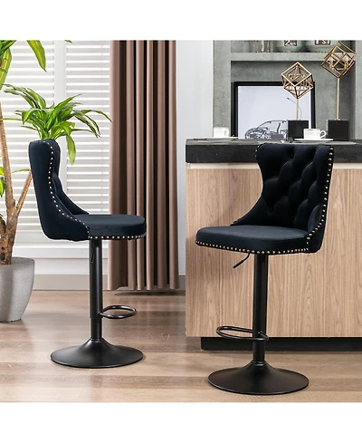 Rainsken Set of 2 Velvet Bar Stools, Adjustable Swivel Counter Height Chairs with Back, Footrest and Nailhead Trim for Kitchen Island