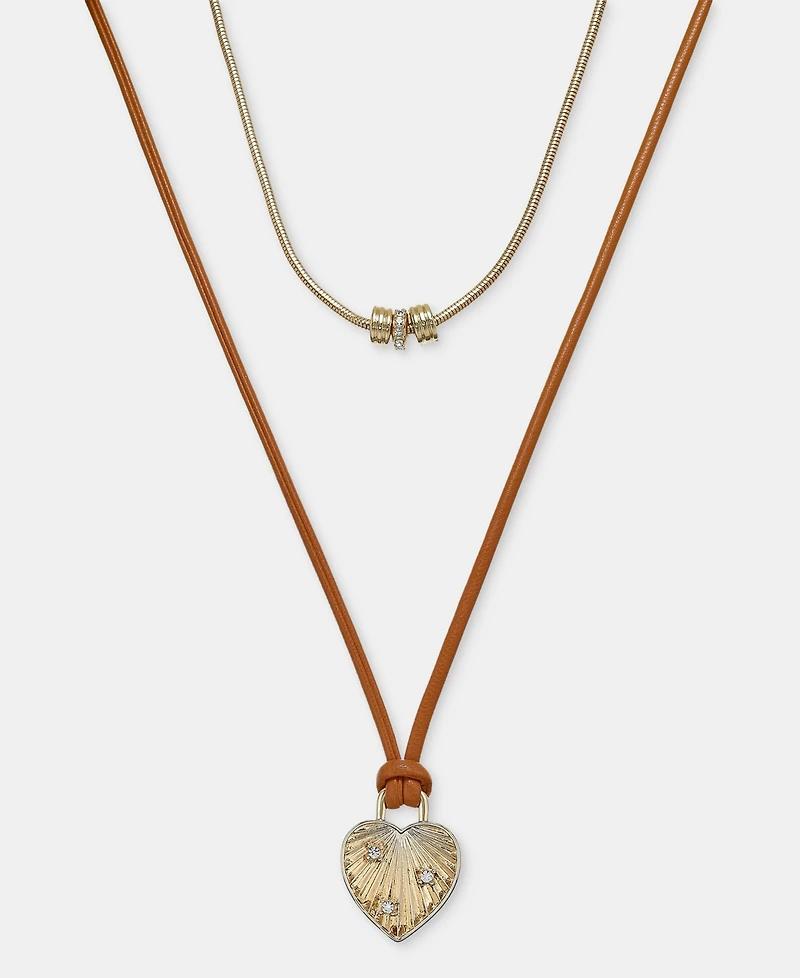 On 34th Gold-Tone and Faux-Leather Two-Row Pendant Necklace, Macy's Exclusive
