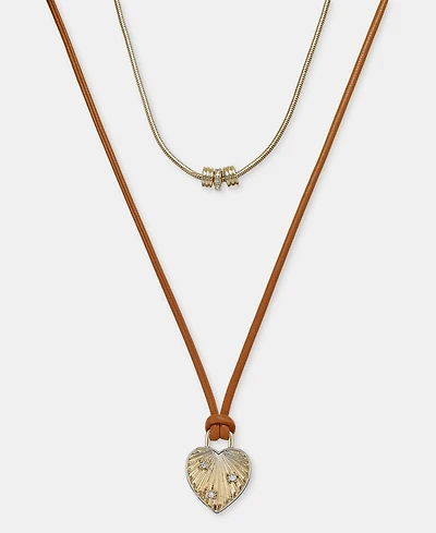 On 34th Gold-Tone and Faux-Leather Two-Row Pendant Necklace, Macy's Exclusive